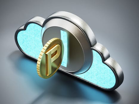 Cryptocurrency coin with cloud shaped coin counter. 3D illustration.