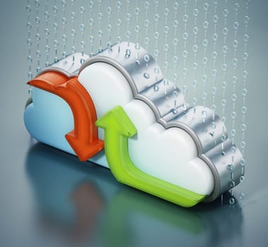 Uploading and downloading arrows and cloud shape. 3D illustration.