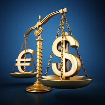 Golden Euro and Dollar signs standing on the scales of a balanced scale. 3D illustration.