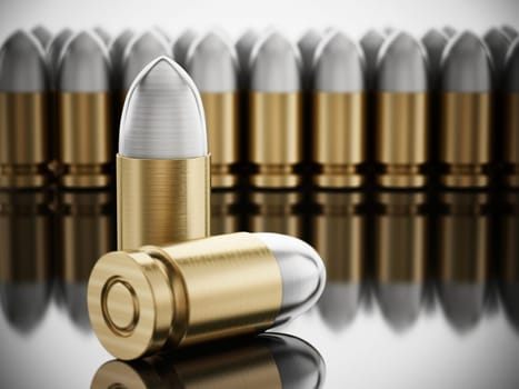 Stack of generic bullets with reflection. 3D illustration.