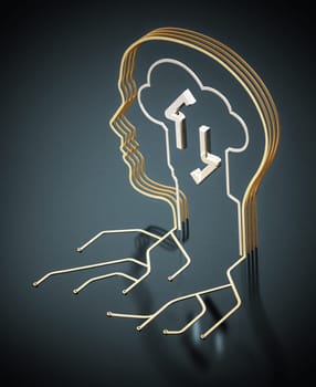 PCB circuit wires forming a head shape. Human and machine interaction concept. 3D illustration.
