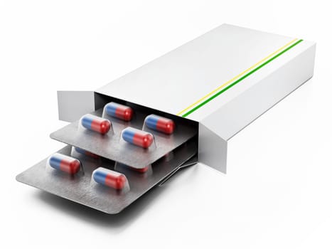 Open pill box with capsules isolated on white background. 3D illustration.