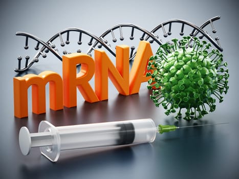 DNA model, syringe, virus model and mRNA text standing on gray surface. 3D illustration.