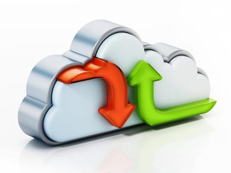 Uploading and downloading arrows and cloud shape. 3D illustration.