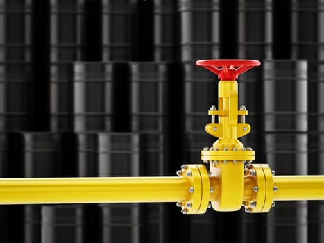 Yellow oil pipe with valve against black oil drums background. 3D illustration.