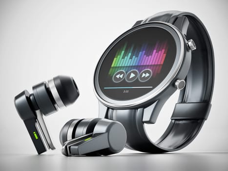 Generic smartwatch and wireless bluetooth headphones. 3D illustration.