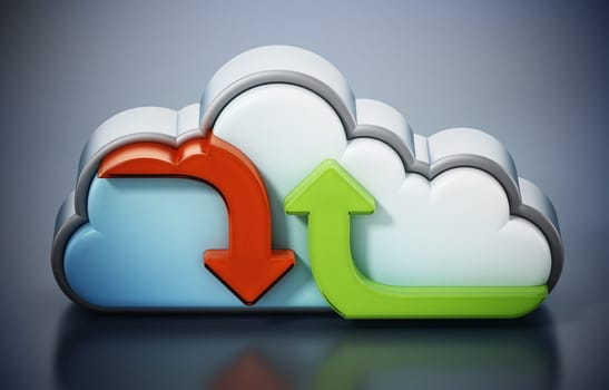Uploading and downloading arrows and cloud shape. 3D illustration.