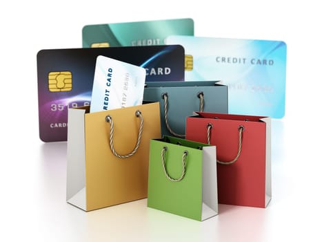 Shopping bags and generic credit cards isolated on white background. All information on the cards are fictitious. 3D illustration.