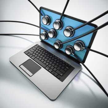 Stethoscopes on the laptop computer screen. 3D illustration.