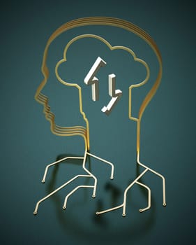 PCB circuit wires forming a head shape. Human and machine interaction concept. 3D illustration.