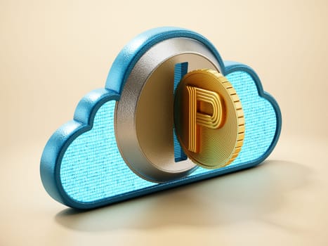 Cryptocurrency coin with cloud shaped coin counter. 3D illustration.