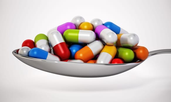 Multi colored vitamin pills inside a metal spoon. 3D illustration.