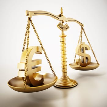 Golden Euro and Dollar signs standing on the scales of a balanced scale. 3D illustration.