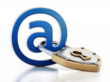 At sign locked with shield shaped padlock isolated on white background. 3D illustration.