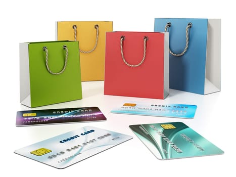 Shopping bags and generic credit cards isolated on white background. All information on the cards are fictitious. 3D illustration.