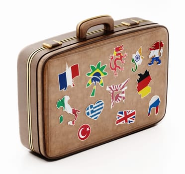Vintage suitcase with stickers representing country symbols. 3D illustration.