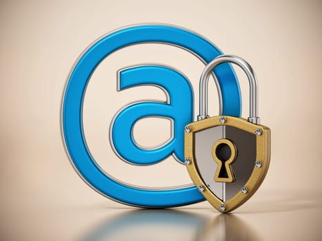 At sign locked with shield shaped. 3D illustration.
