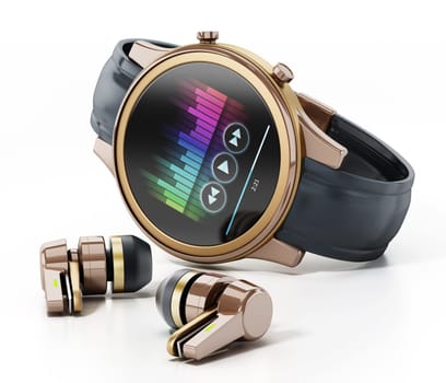 Generic smartwatch and wireless bluetooth headphones. 3D illustration.