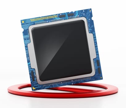 Microprocessor and forbidden sign. Global computer chip shortage concept. 3D illustration.