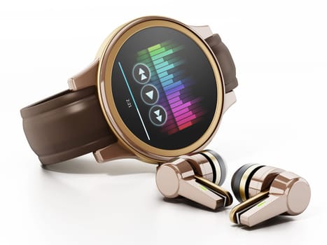Generic smartwatch and wireless bluetooth headphones. 3D illustration.