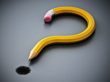 Question mark shaped yellow pencil on gray background. 3D illustration.