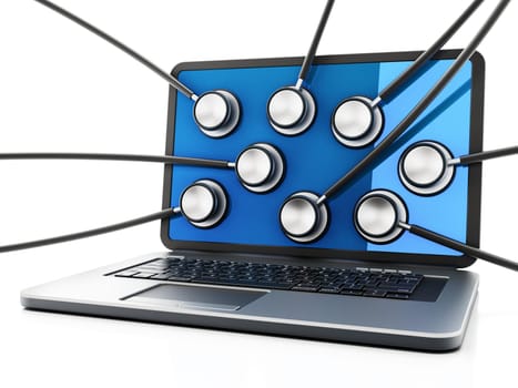 Stethoscopes on the laptop computer screen. 3D illustration.