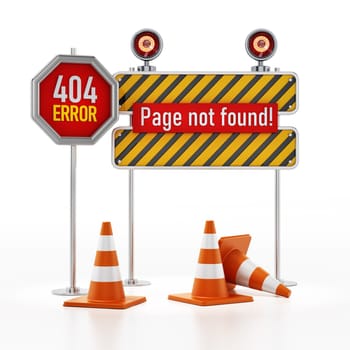 404 web page not found error signboard and traffic cones. 3D illustration.