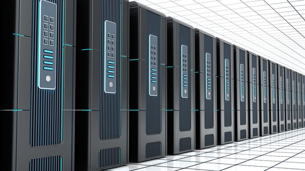 Network servers in a row isolated on white background. 3D illustration.