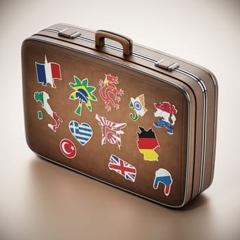 Vintage suitcase with stickers representing country symbols. 3D illustration.