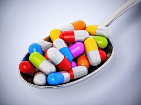 Multi colored vitamin pills inside a metal spoon. 3D illustration.