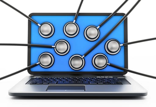 Stethoscopes on the laptop computer screen. 3D illustration.