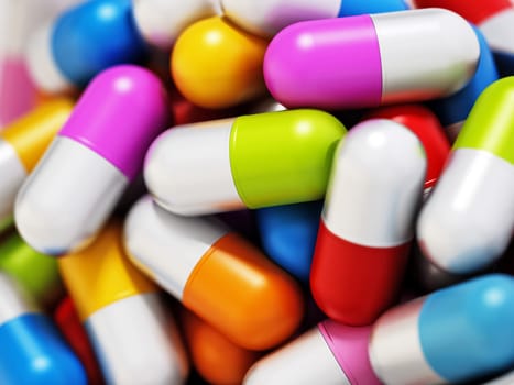 Stack of multi colored vitamin pills. 3D illustration.