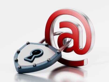 At sign locked with shield shaped padlock isolated on white background. 3D illustration.