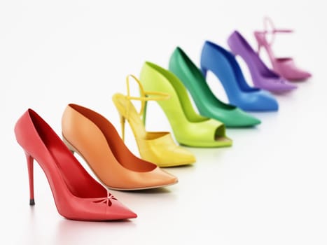 Set of various women's shoes isolated on white background. 3D illustration.
