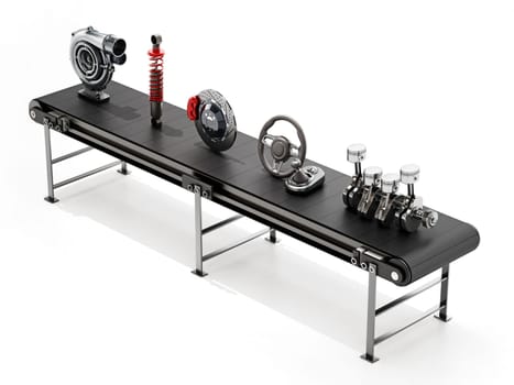Conveyor belt carrying various car parts. 3D illustration.
