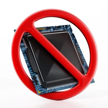 Microprocessor and forbidden sign. Global computer chip shortage concept. 3D illustration.