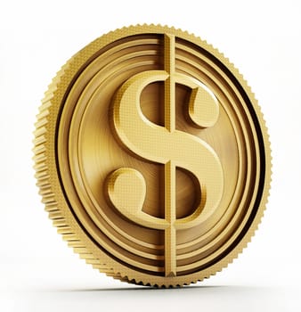 Gold coin with dollar sign isolated on white background. 3D illustration.