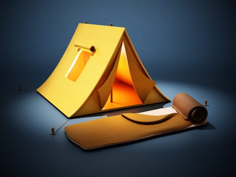 Camping tent and sleeping bag standing on dark blue background. 3D illustration.