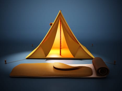 Camping tent and sleeping bag standing on dark blue background. 3D illustration.