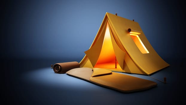 Camping tent and sleeping bag standing on dark blue background. 3D illustration.