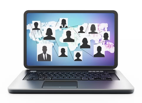 People silhouettes inside connected box shapes in laptop screen with world map. 3D illustration.