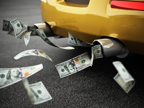 100 dollar bills flowing from the exhaust pipe of a car. 3D illustration.