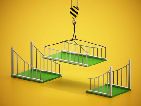 Green bridge parts fitting each other. Building bridges concept. 3D illustration.