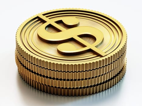 Gold coins with dollar sign isolated on white background. 3D illustration.