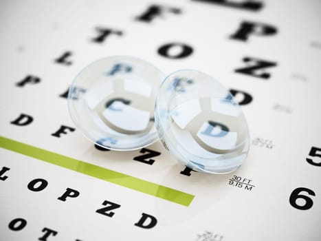 Set of optical lenses standing on eye test chart. 3D illustration.