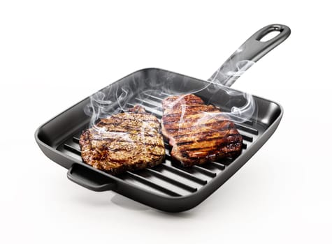 Grilled steaks in hot frying pan. 3D illustration.