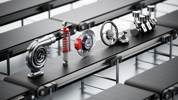 Conveyor belt carrying various car parts. 3D illustration.