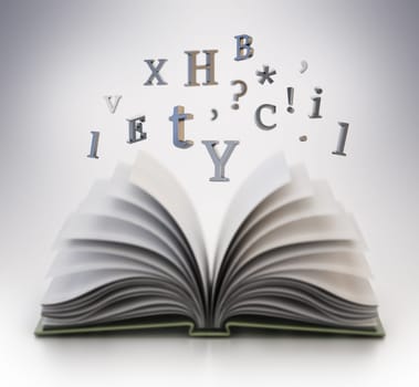 Open book with flying letters in the air. 3D illustration.