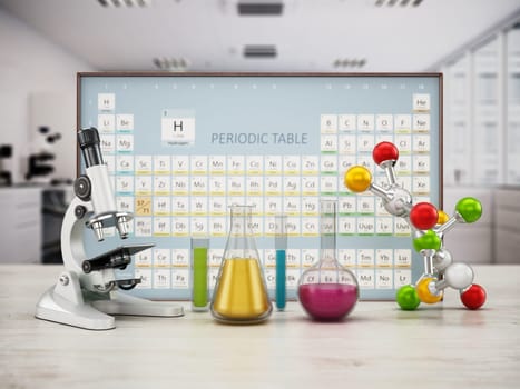 Chemistery laboratory with microscope, molecule model and glass lab eqipment on the table. Periodic table on the background. 3D illustration.