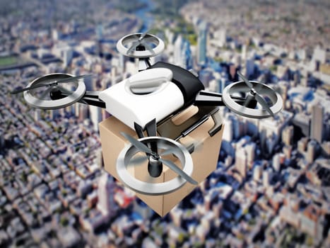 Unmanned drone carrying cargo box above the big city view. 3D illustration.